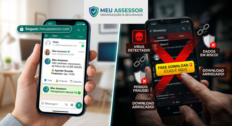 Imagem contrastante do Meu Assessor: um lado seguro com login oficial no WhatsApp e meuassessor.com, e outro lado perigoso com um download grátis falso e ícones de vírus.