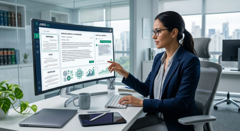 Jurista utilizando ferramentas digitais e inteligência artificial para otimizar a elaboração de sentenças, votos e despachos.