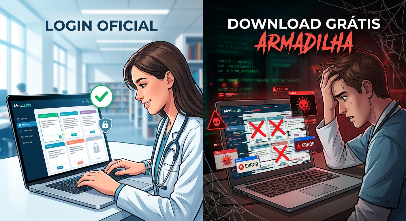 Contraste visual entre estudante usando Medcards oficial (seguro, organizado) e estudante frustrado com download grátis pirata (glitch, perigo).