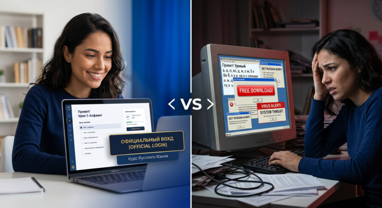 Imagem comparativa de tela dividida: À esquerda, estudante usa um curso de russo online legítimo com login oficial em um ambiente limpo e tons de azul. À direita, o mesmo estudante frustrado com um download gratuito de curso de russo, com tela cheia de erros e alertas de vírus, em ambiente escuro.
