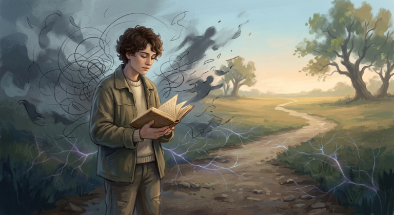 Pessoa em uma jornada de auto-transformação, liberando padrões de apego ansioso e caminhando em direção à segurança emocional, com um diário ou bússola simbólica em mãos.