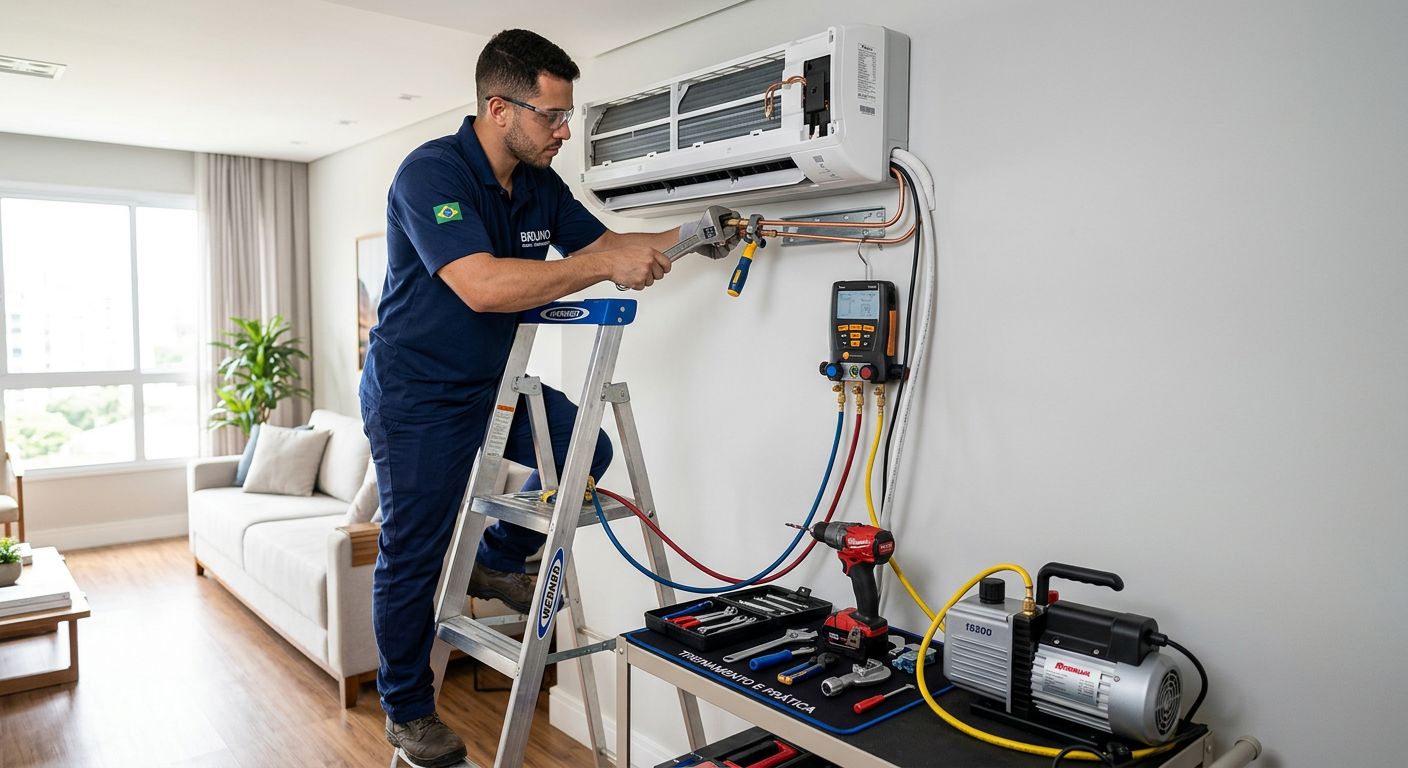Técnico instalando ar condicionado Split Hi-Wall com ferramentas profissionais, simbolizando o aprendizado prático e o aprimoramento na refrigeração.