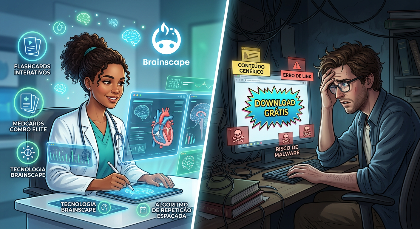 Contraste entre estudante de medicina usando plataforma oficial Medcards e outro enfrentando problemas com download gratuito e pirata.