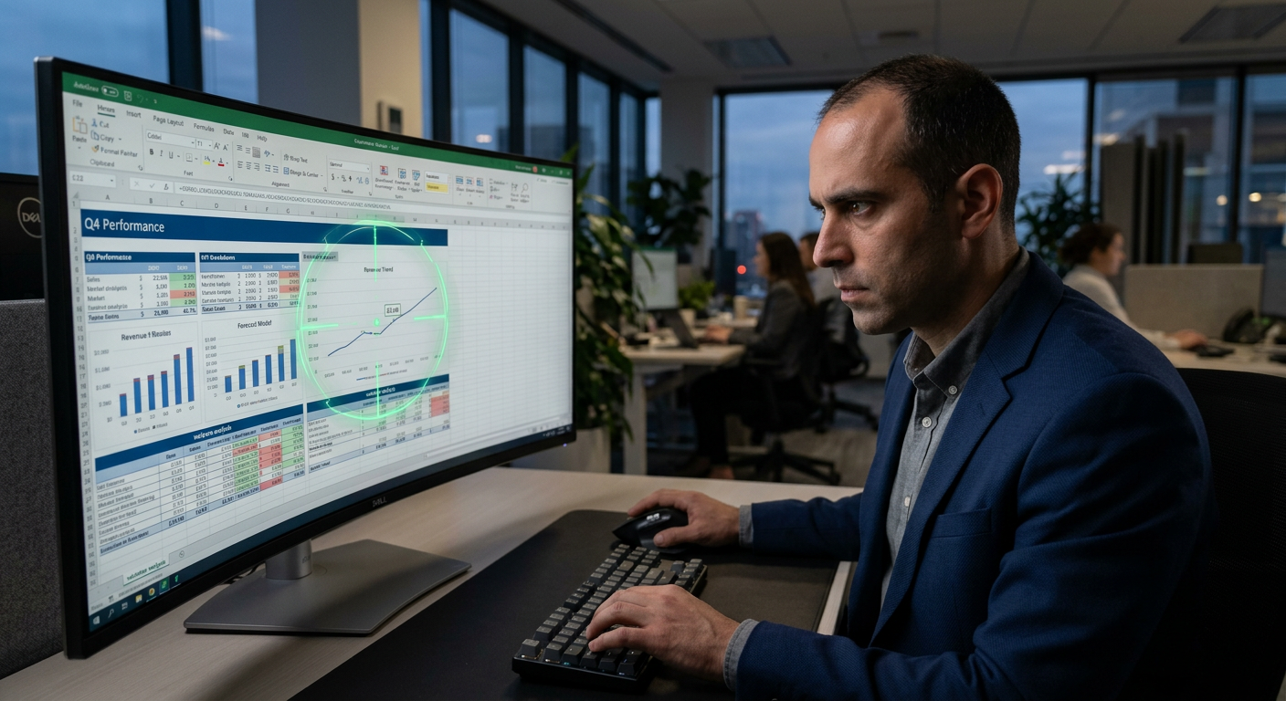 Profissional focado como um 'sniper' analisando um dashboard complexo no Excel, com mira digital em uma célula chave, simbolizando precisão e domínio.