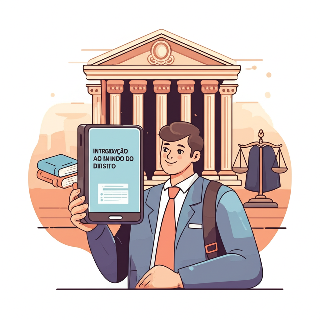 Jovem estudando direito com eBook em frente a um tribunal clássico e balança da justiça, simbolizando aprendizado acessível.