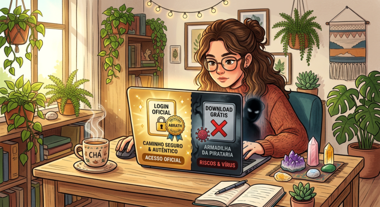 Mulher acessando um curso online de cristaloterapia em um laptop, onde a tela mostra a bifurcação entre um botão de 'Login Oficial' com selo ABRATH e um ícone de 'Download Grátis' com um aviso de perigo. Cristais variados e uma xícara de chá estão sobre a mesa.