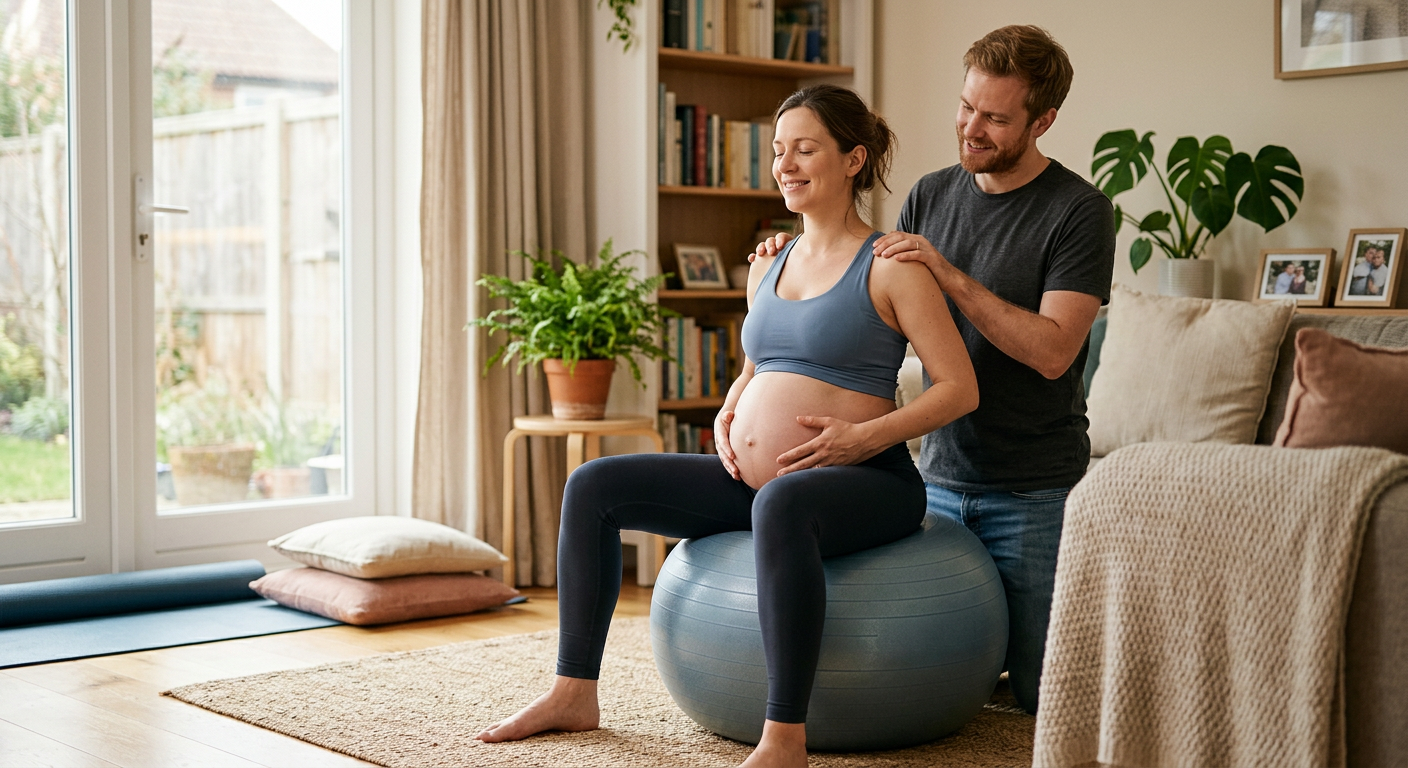 Gestante com bola de parto e apoio do parceiro, praticando exercícios para um parto humanizado.