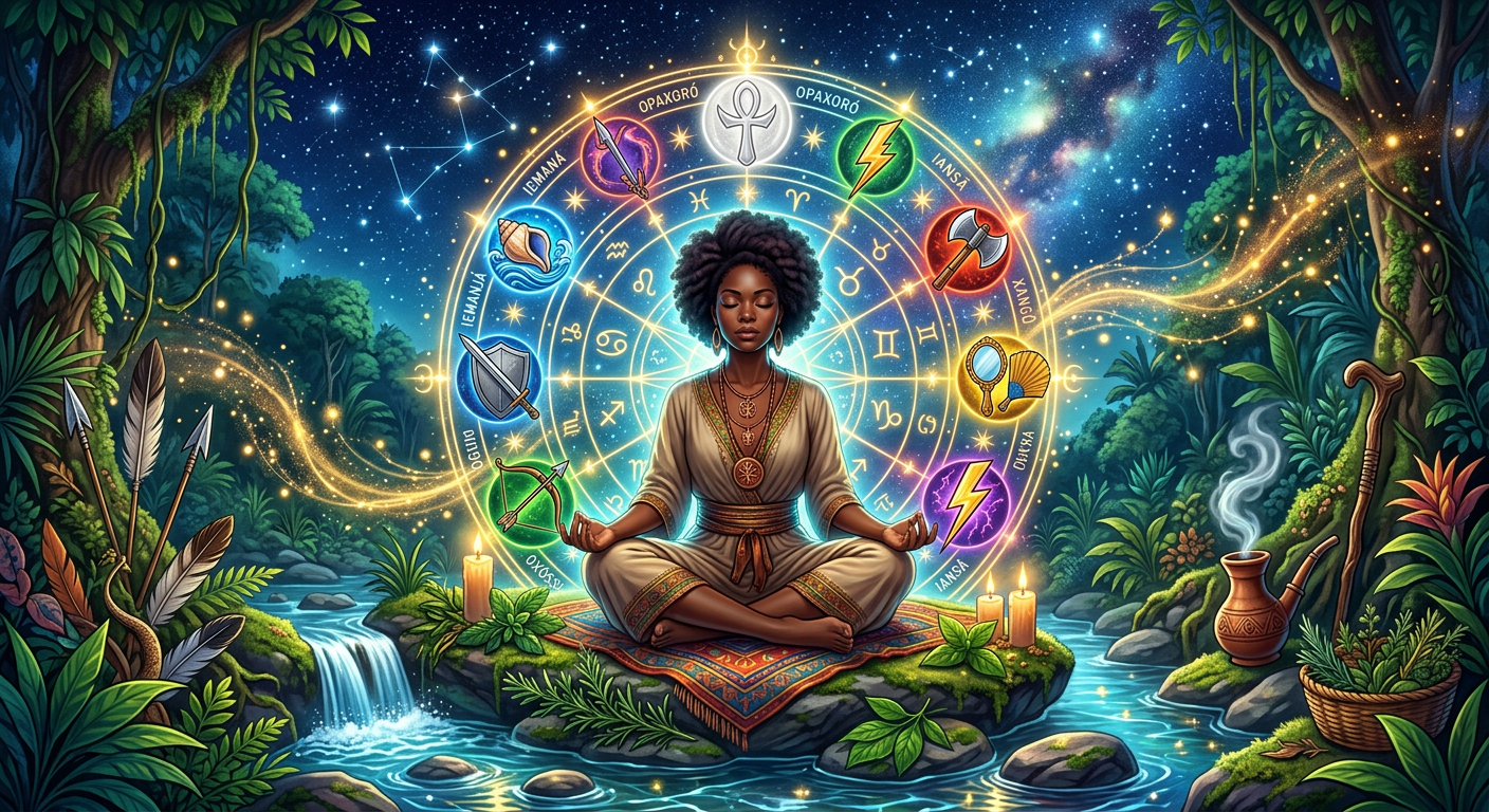 Mulher meditando com um Mapa Astral dos Orixás ao seu redor, contendo símbolos de Umbanda e elementos da natureza, em um ambiente místico.
