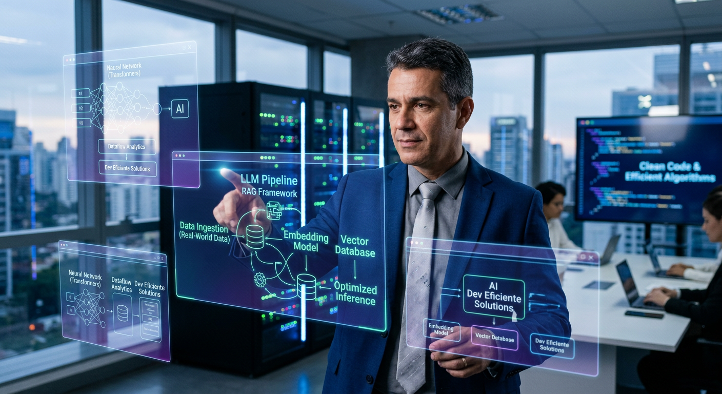 Alberto Luiz Oliveira Tavares de Souza, diretor de tecnologia, explicando engenharia de IA com LLMs e RAG para desenvolvedores experientes. Foco em aplicações práticas de IA.