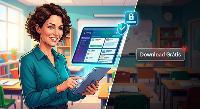 Educadora usando Skooly IA por login oficial seguro em contraste com tela de download grátis arriscado.