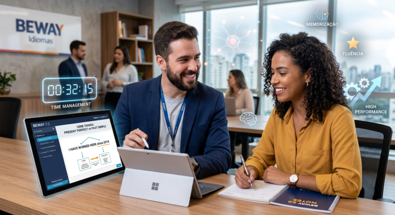 Professor Jonas do Beway Idiomas ensinando inglês com foco em alta performance e gestão de tempo para fluência.