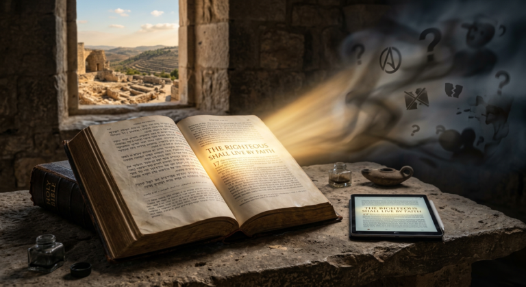 Bíblia aberta com versículos iluminados, combatendo heresias modernas. Ilustração do ebook 'Onde está na Bíblia' de Ariel Lazari.