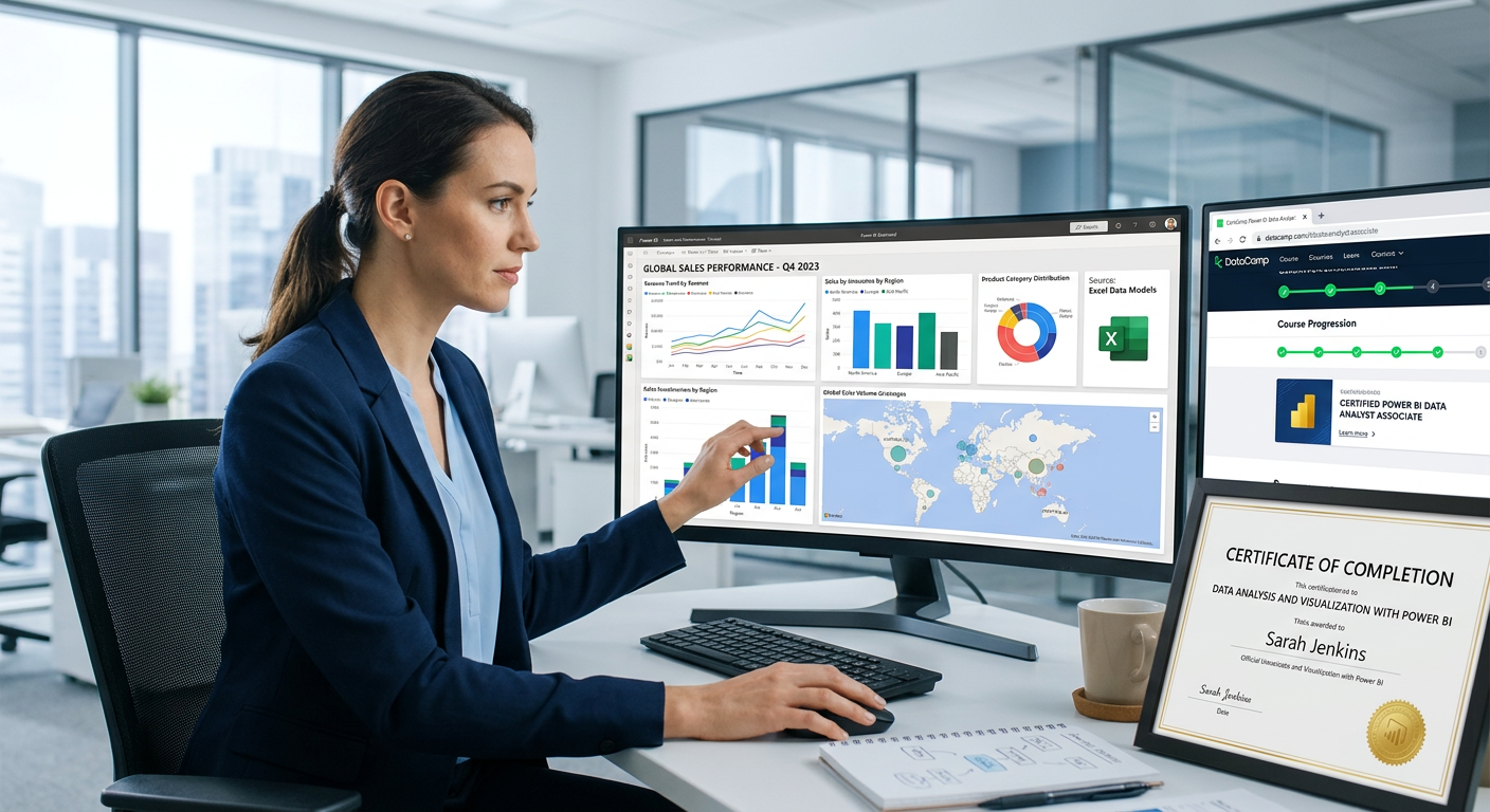 Profissional criando um dashboard complexo no Power BI com dados do Excel, em um ambiente de escritório moderno, simbolizando aprendizado e produtividade em cursos oficiais.