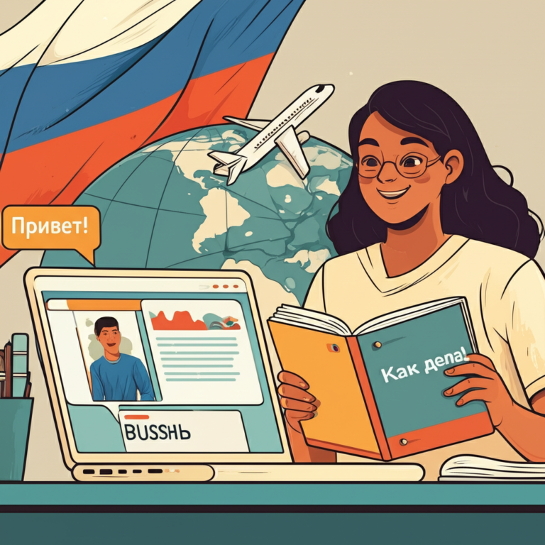 Estudante brasileiro estudando russo com laptop, bandeira da Rússia e ícone de avião ao fundo.