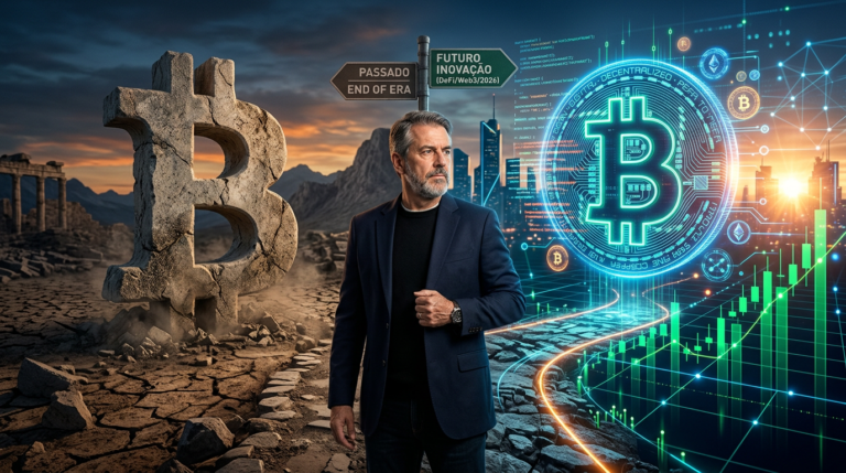 Augusto Backes em uma encruzilhada visual entre um Bitcoin fossilizado e um Bitcoin futurista, simbolizando a transição e a análise da relevância de seu curso.