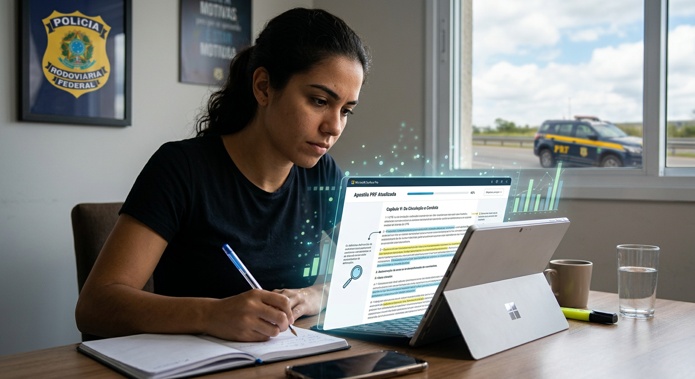 Candidato estudando apostila digital PRF atualizada em tablet, com símbolos da Polícia Rodoviária Federal ao fundo, indicando análise crítica e preparação para concurso.