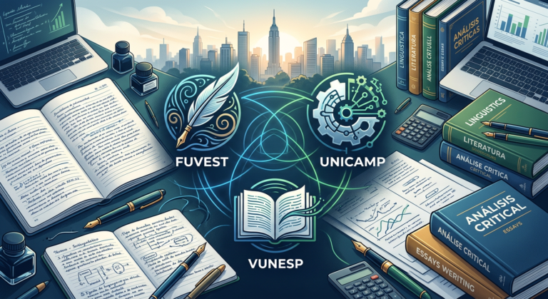 Ilustração moderna com três ícones estilizados representando Fuvest, Unicamp e Vunesp, interligados para simbolizar a metodologia comparativa. Elementos de escrita como cadernos e canetas destacam o foco em redação, com um fundo sutil da skyline de São Paulo.