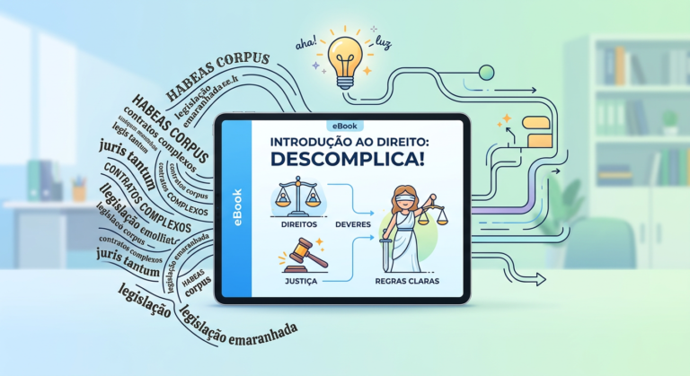 Imagem ilustrativa de um eBook aberto com conceitos jurídicos simplificados e textos complexos se tornando claros, simbolizando facilidade e descomplicação no aprendizado do Direito.