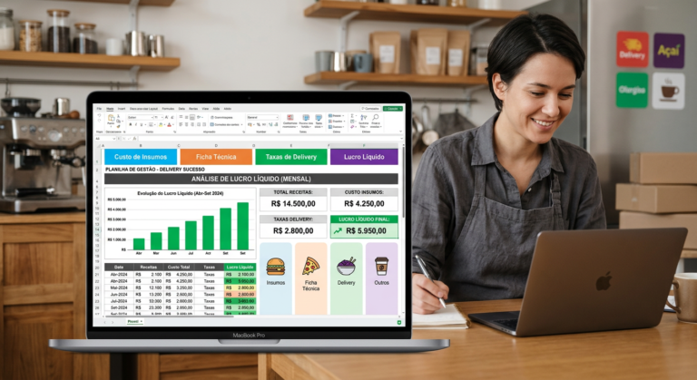 Planilha de Precificação Completa Lucas Borbs em tela de computador, exibindo cálculos de custos, taxas de delivery e lucro para negócios de alimentação.