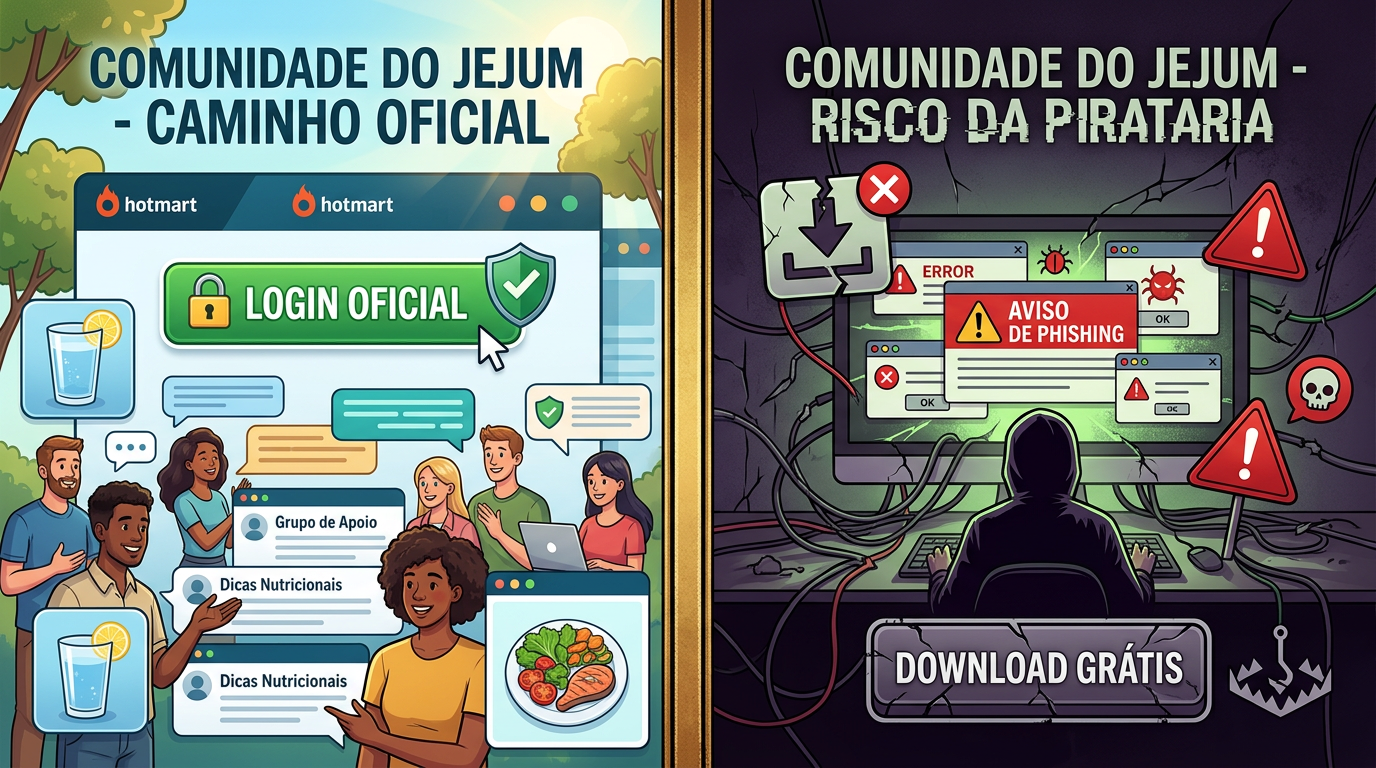 Imagem dividida comparando o acesso seguro e oficial à Comunidade do Jejum com os riscos de downloads piratas. Um lado mostra login seguro e comunidade, o outro exibe erros e perigos digitais.