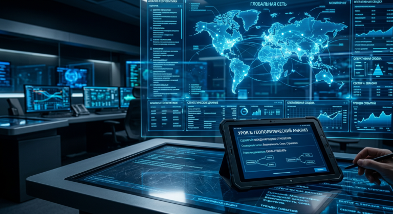 Interface digital futurista em tons de azul profundo, exibindo texto cirílico, dados estratégicos e um globo holográfico, conectando aprendizado de russo à inteligência estratégica.