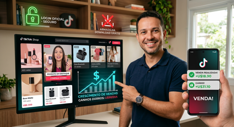 Jhonatas Silva, especialista em TikTok Shop, aponta para uma tela com o aplicativo TikTok Shop enquanto um celular exibe lucros de U$50 por dia. A imagem contrasta o login oficial e seguro com a armadilha de downloads gratuitos e arriscados, simbolizando o curso para monetização rápida.