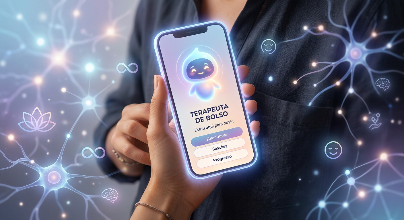 Interface da AndreIA, a terapeuta de bolso baseada em IA, em um smartphone, simbolizando apoio diário para autoconhecimento e clareza mental.