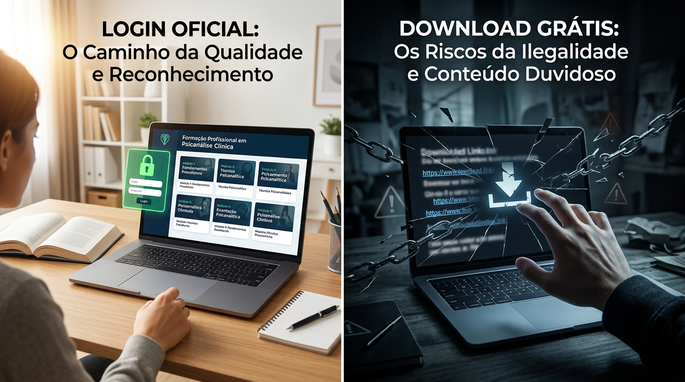 Contraste entre acesso legítimo a uma formação em psicanálise clínica online e os riscos de downloads gratuitos e piratas.
