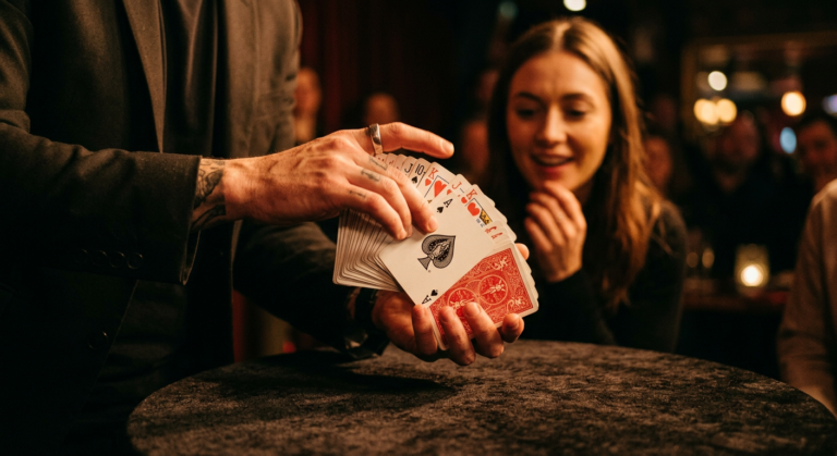 Mãos de Felipe Barbieri realizando um truque de mágica com baralho de cartas, demonstrando destreza e 'sleight of hand'.