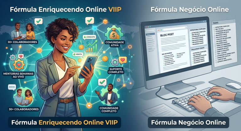 Pessoa sorridente usando smartphone para vendas online, cercada por elementos de suporte digital e gráficos de crescimento, representando o Fórmula Enriquecendo Online VIIP em contraste com um cenário de blog e SEO.