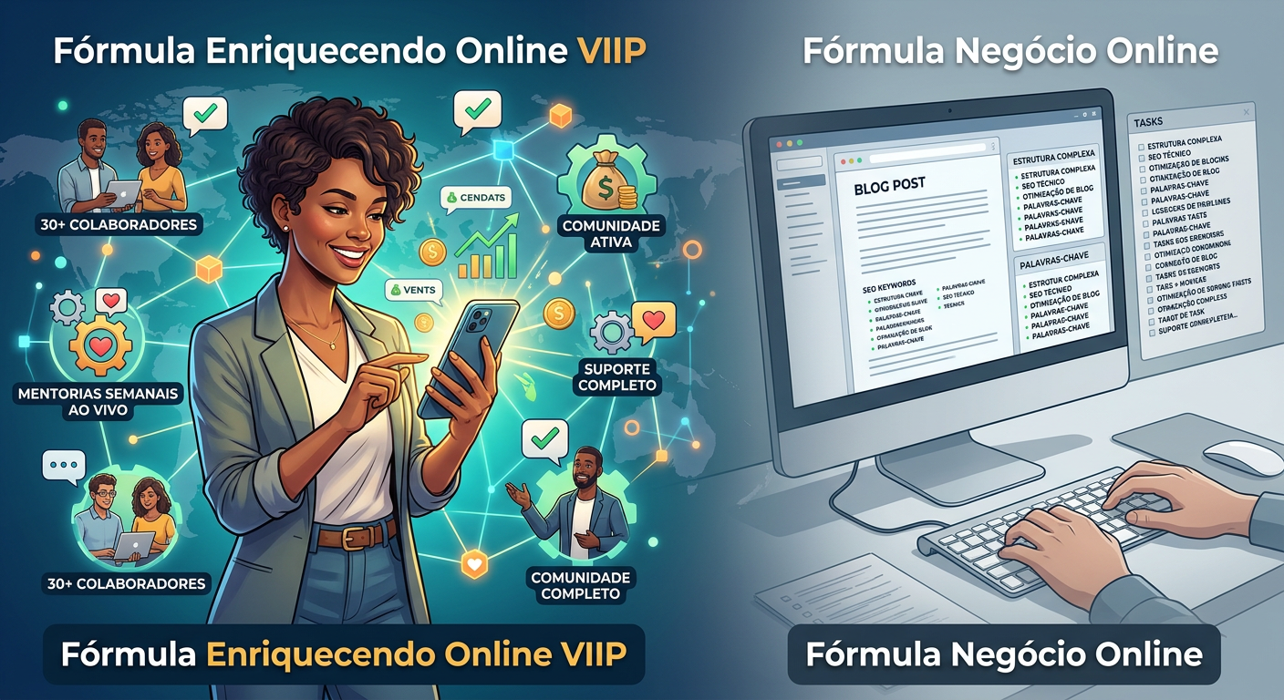 Pessoa sorridente usando smartphone para vendas online, cercada por elementos de suporte digital e gráficos de crescimento, representando o Fórmula Enriquecendo Online VIIP em contraste com um cenário de blog e SEO.
