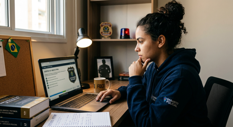 Estudante concentrado utilizando a plataforma Gabarito Policial em seu laptop para resolver questões de concursos da área de segurança pública, com um distintivo policial ao fundo.