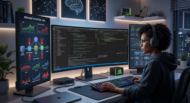 Engenheiro(a) de software avaliando um sistema de IA generativa em um cenário de stress-test, com telas exibindo código de LLMs, pipelines de dados e métricas de resiliência de mercado.