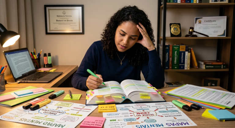 Estudante de direito focado com Vade Mecum colorido, mapas mentais e anotações, usando o método Decorando a Lei Seca para concursos jurídicos e OAB.