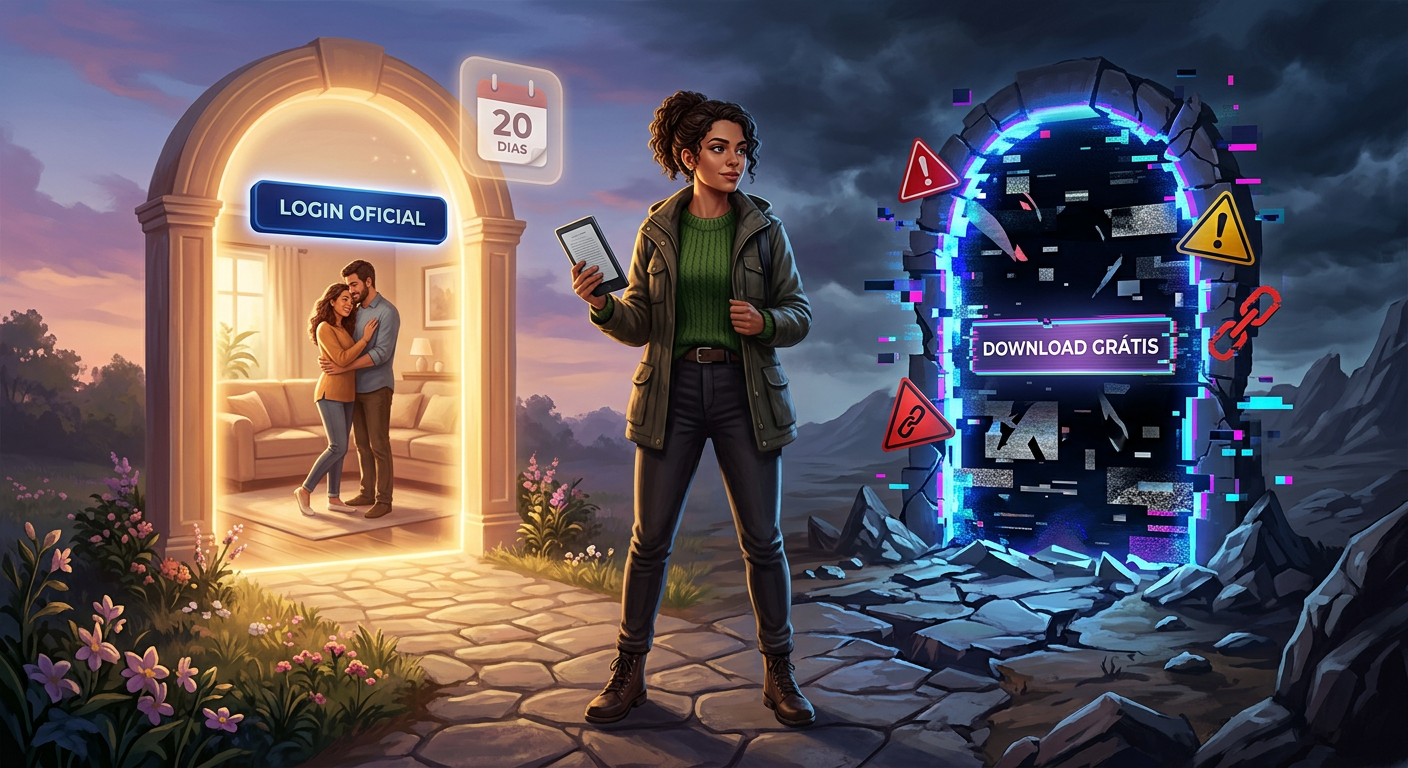 Mulher em encruzilhada digital escolhe entre login oficial seguro e download grátis pirata para relacionamento em 20 dias.