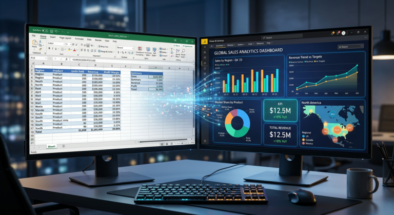 Dashboards dinâmicos em Power BI e planilhas organizadas no Excel, mostrando a transformação de dados em insights claros para tomada de decisão e engajamento.