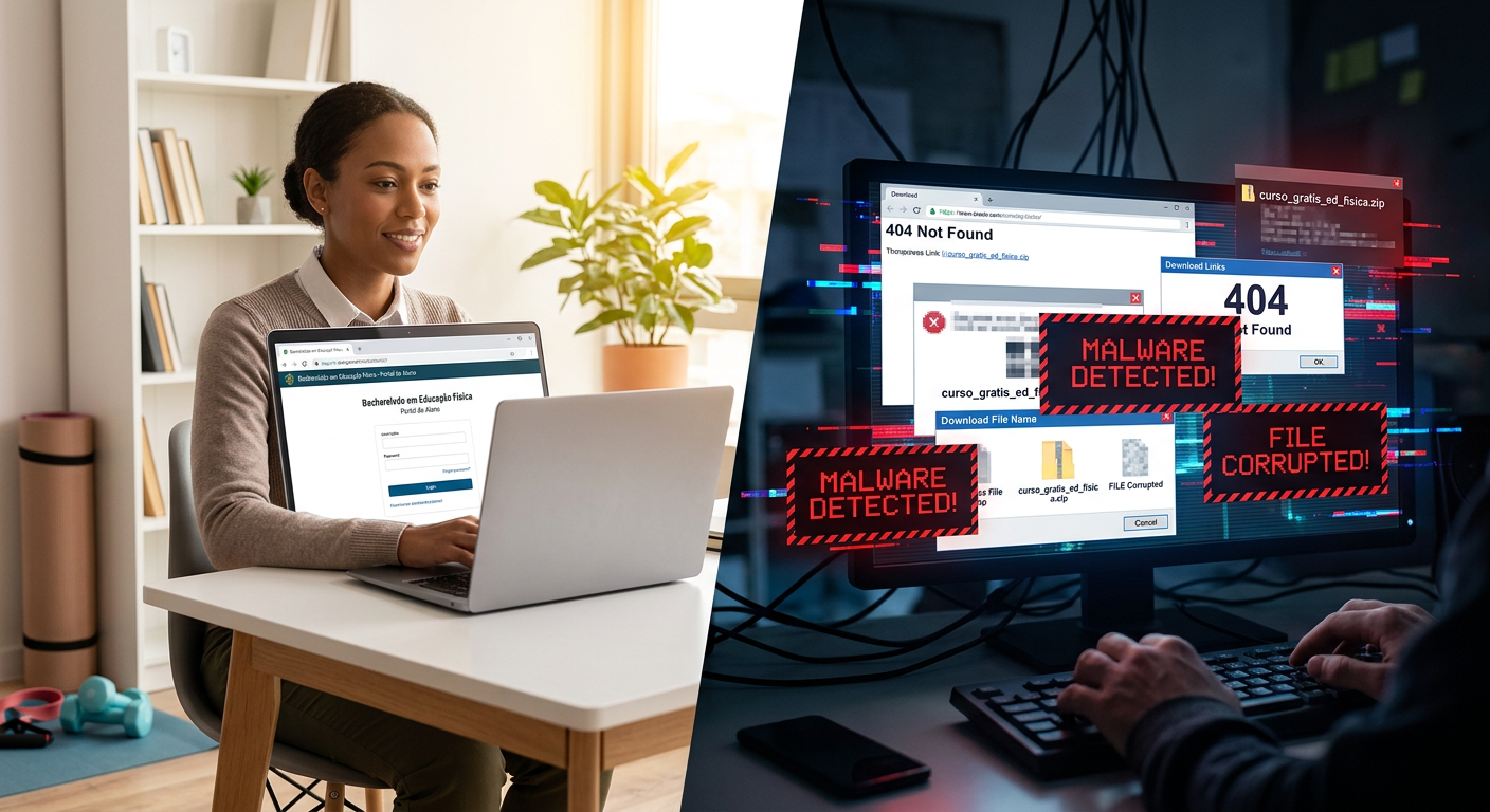 Imagem dividida: Lado esquerdo mostra estudante acessando Bacharelado em Educação Física EAD por login oficial; lado direito exibe tela escura com avisos de download pirata.