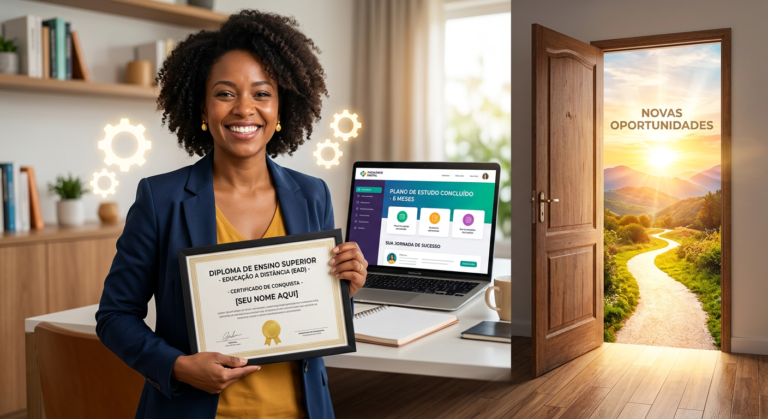 Pessoa adulta sorrindo, segurando um diploma, com um laptop exibindo conteúdo educacional EAD ao fundo. A cena representa o sucesso e as novas oportunidades após a conclusão do EJA Online Instituto Óliver em 6 meses.