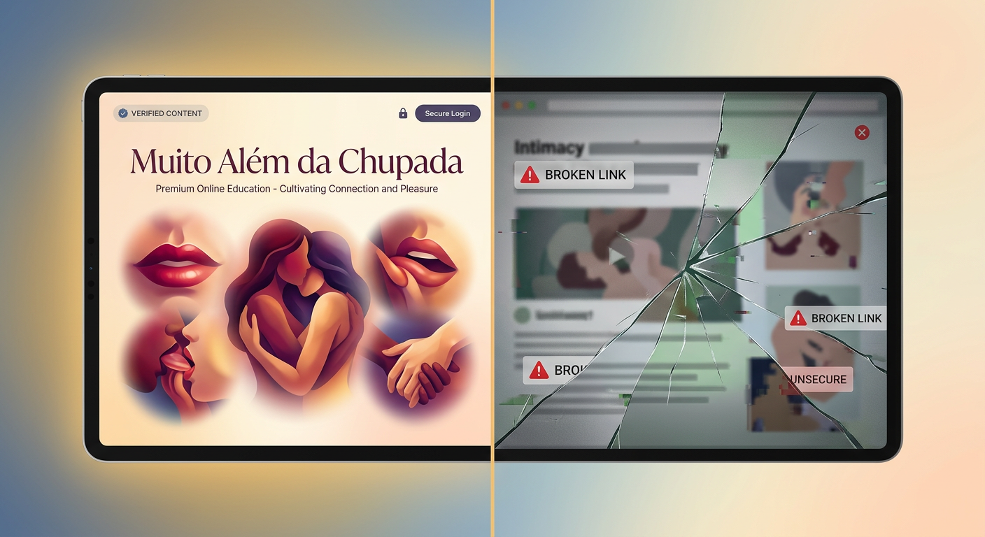 Imagem conceitual comparando um curso online premium ('Muito Além da Chupada') com conteúdo pirata. À esquerda, uma tela de tablet vibrante com interface de login segura e imagens artísticas de intimidade e prazer feminino. À direita, uma tela quebrada ou com falhas, exibindo conteúdo genérico e de baixa qualidade.