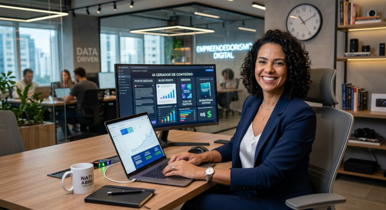 Nati Abreu, empreendedora digital, sorrindo em um escritório moderno com telas exibindo gráficos de renda automática e IA para criação de produtos digitais.