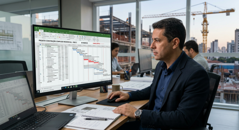 Um profissional de engenharia ou gestão de projetos utilizando o software Microsoft Project em um computador, visualizando um cronograma de Gantt, EAP e a linha crítica, representando o domínio do planejamento e controle de obras na construção civil.