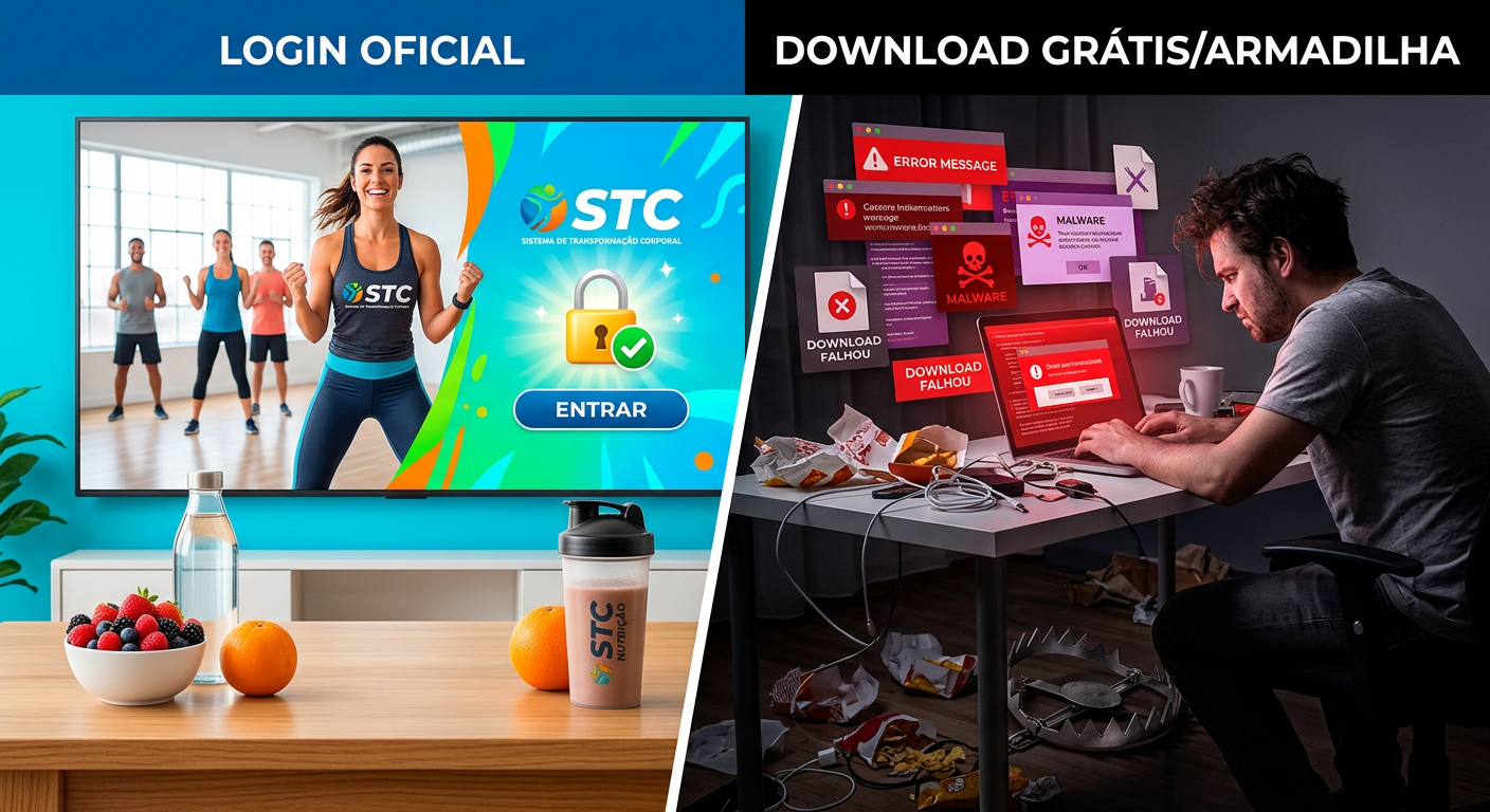 Imagem dividida contrastando o acesso seguro e oficial ao STC (pessoa feliz, tela limpa, alimentos saudáveis) com os riscos de um download grátis (pessoa frustrada, tela com erros, junk food).