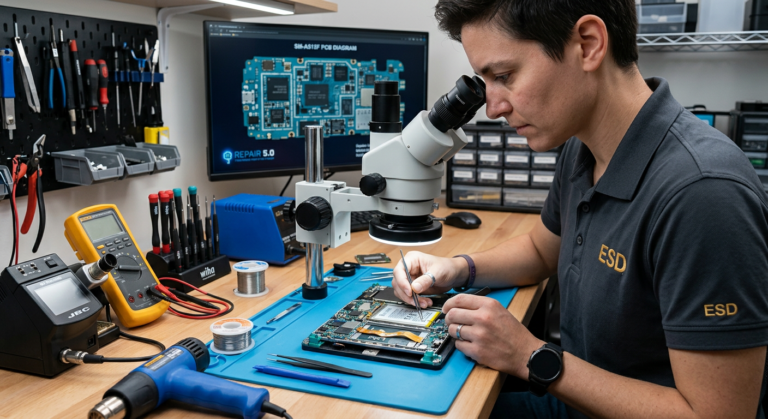 Técnico profissional realizando reparo avançado em um smartphone aberto, com ferramentas como microscópio e estação de solda em uma bancada organizada. Imagem representando o curso Manutenção de Celular 5.0 e o potencial de lucro em reparos.