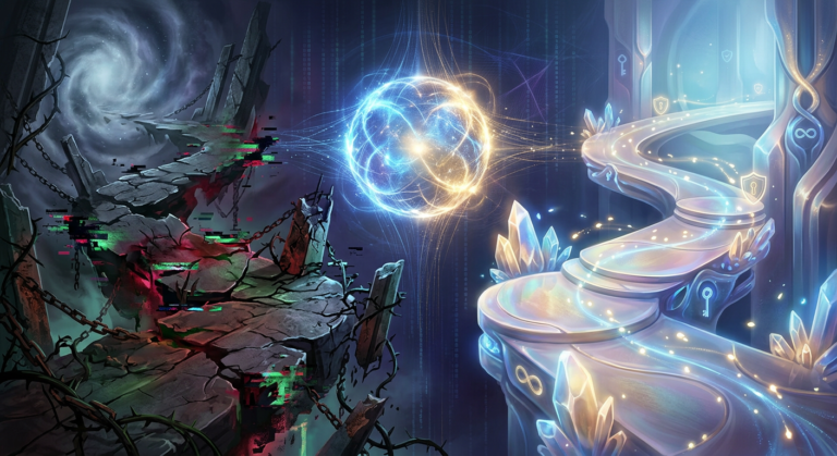 Ilustração de dois caminhos divergentes: um luminoso e seguro simbolizando o acesso oficial ao Mannah Quantec, e outro escuro e fragmentado representando a pirataria, com energia quântica ao fundo.