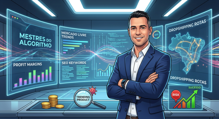 Caio Ferreira, fundador do Mestres do Algoritmo, em um cenário de e-commerce de alta tecnologia com telas exibindo dados de tendências e dropshipping nacional.