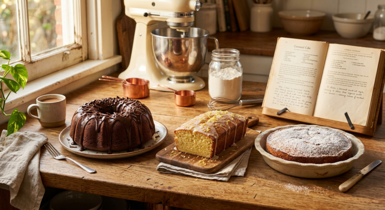 Exposição de bolos caseiros frescos e convidativos em uma cozinha doméstica, com utensílios e livro de receitas ao fundo, sugerindo aprendizado para iniciantes.