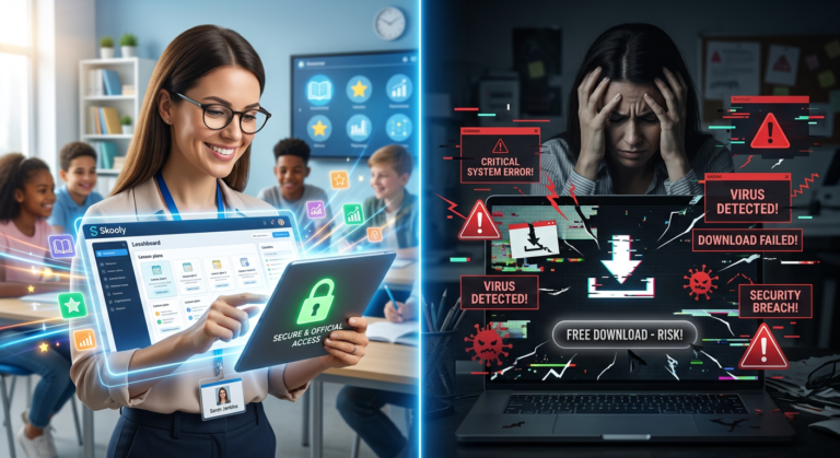 Imagem dividida contrastando o acesso seguro e produtivo ao Skooly para educadores com a armadilha de downloads gratuitos e riscos de malware.