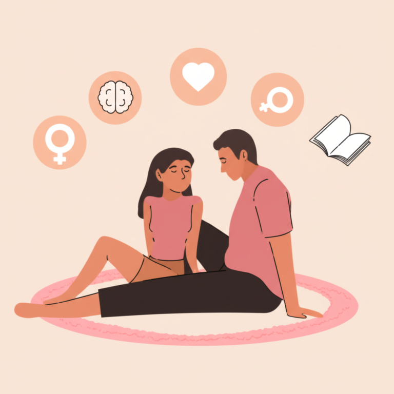 Ilustração discreta de um casal íntimo aprendendo técnicas de sexo oral, com ícones de psicologia, sexologia e educação ao redor.