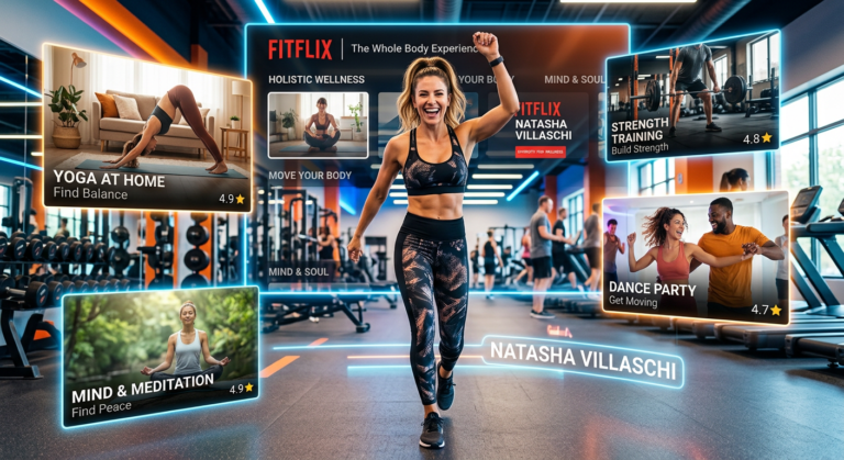 Natasha Villaschi, criadora do Natflix Fitness, em pose ativa com elementos visuais de diversas modalidades de treino e o conceito de plataforma de streaming.