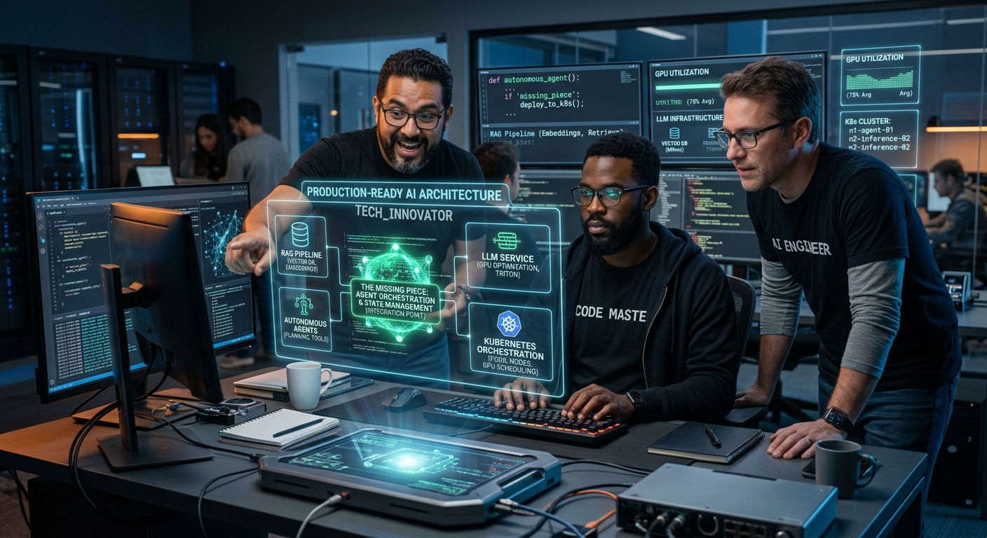 Engenheiros de software Daniel Romero, Rafael Ponte e Alberto Souza colaborando em uma arquitetura de IA avançada, focando em LLMs, RAG e sistemas escaláveis para produção.